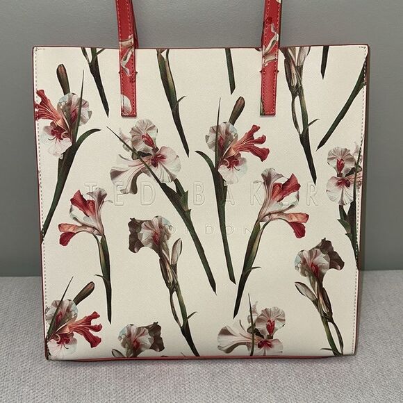 TED BAKER Coral Ivory Green Floral Faux Leather The Icon Tote - Picture 3 of 12